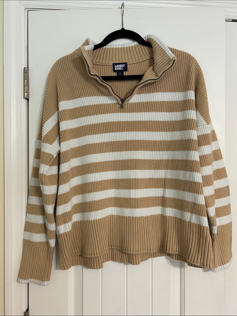 Lands' End Cream and Tan Striped Quarter-Zip Turtleneck Sweater